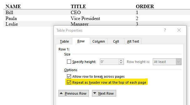 Designate table headers by select the header row, choosing Properties and checking the 'Repeat as header across pages' checkbox